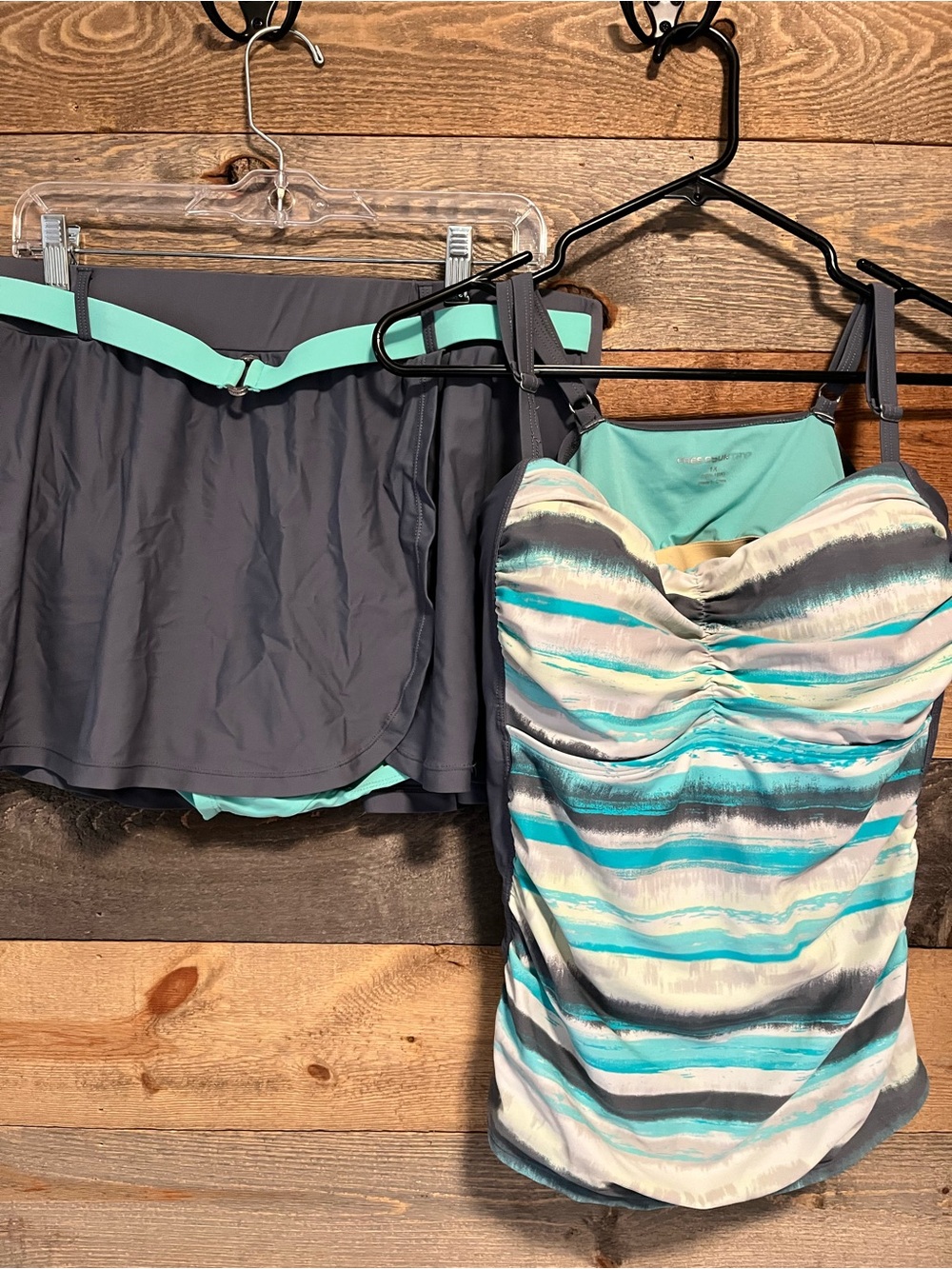 1XL Striped Tankini Swim Top and Skirted Bottom in Teal and Gray - Women Swim